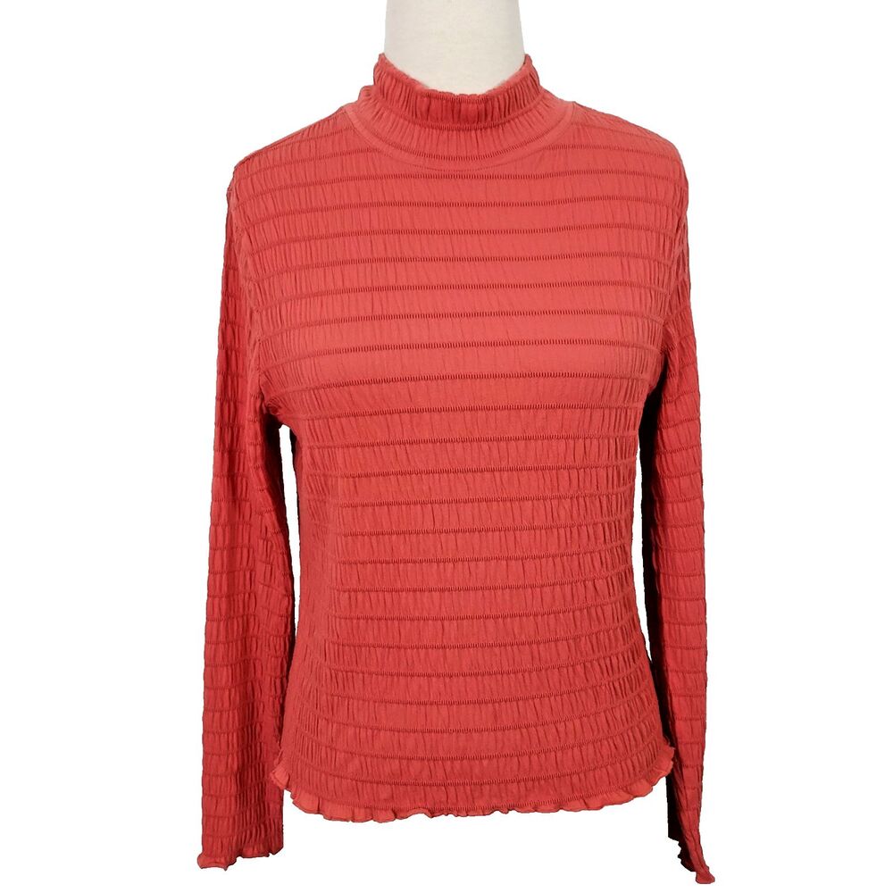 Tommy Hilfiger Smocked Shirt Top Size Medium Burnt Orange Long Sleeve Stretch